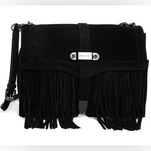 Rebecca Minkoff Black Suede Leather Fringe ID Crossbody Boho Bohemian Bag- NWOT!